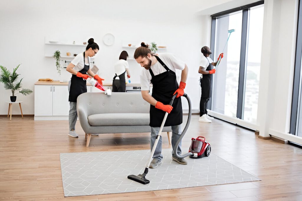 A team of Bright Delight professionals providing comprehensive house cleaning services, including floor and upholstery care in an Ajman apartment.